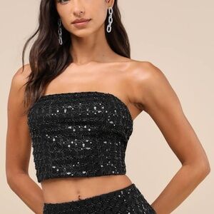 Lulus Lovely Decadence Black Sequin Beaded Strapless Crop Top - Size L